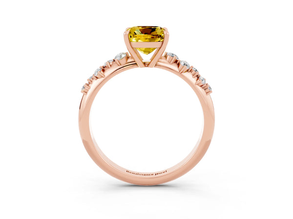 Rose gold Cushion Cut Yellow Sapphire Cluster Side Stone Solitaire Ring with Prong Setting
