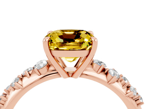 Rose gold Cushion Cut Yellow Sapphire Cluster Side Stone Solitaire Ring with Prong Setting_52