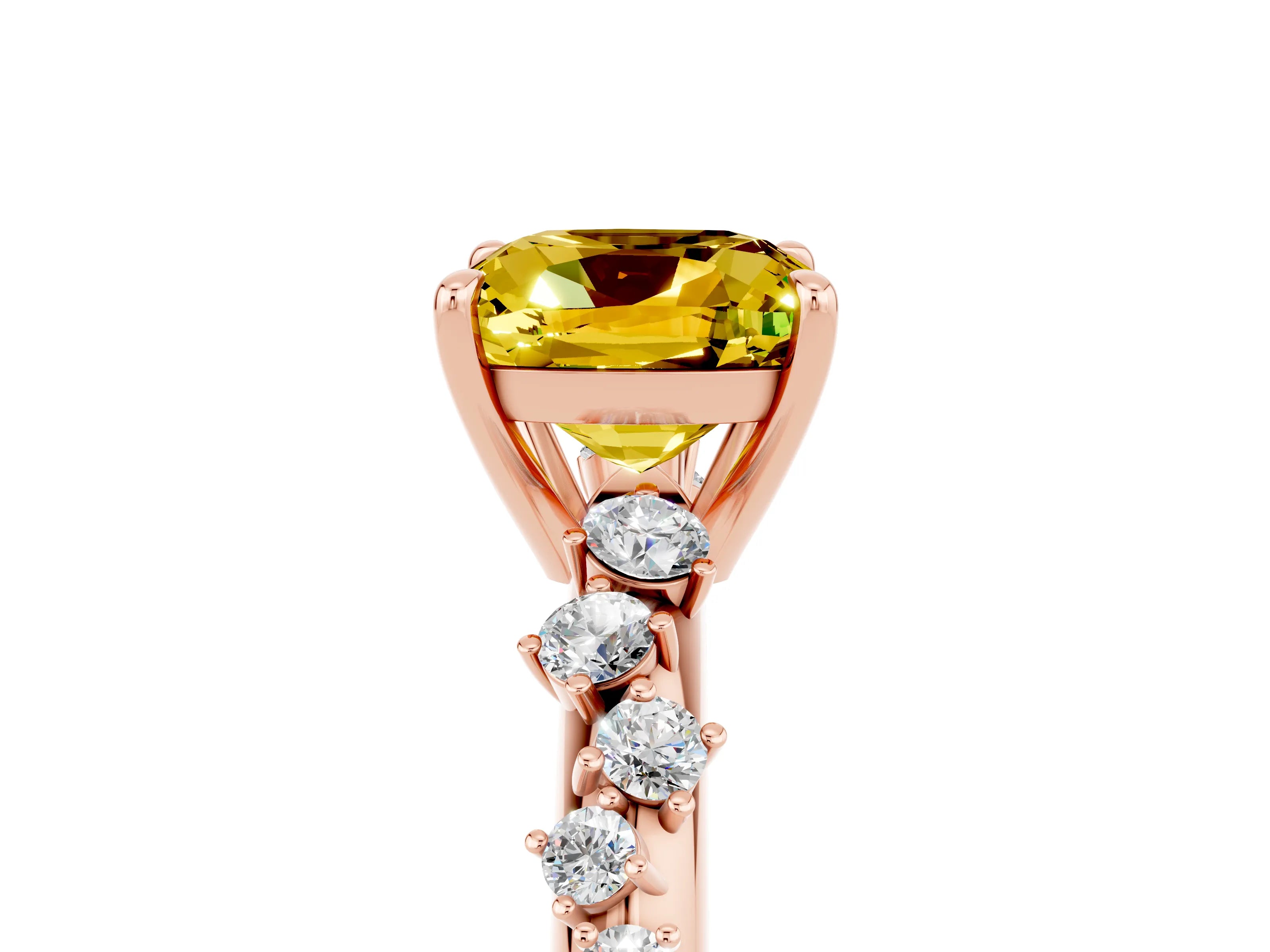 Rose gold Cushion Cut Yellow Sapphire Cluster Side Stone Solitaire Ring with Prong Setting_53