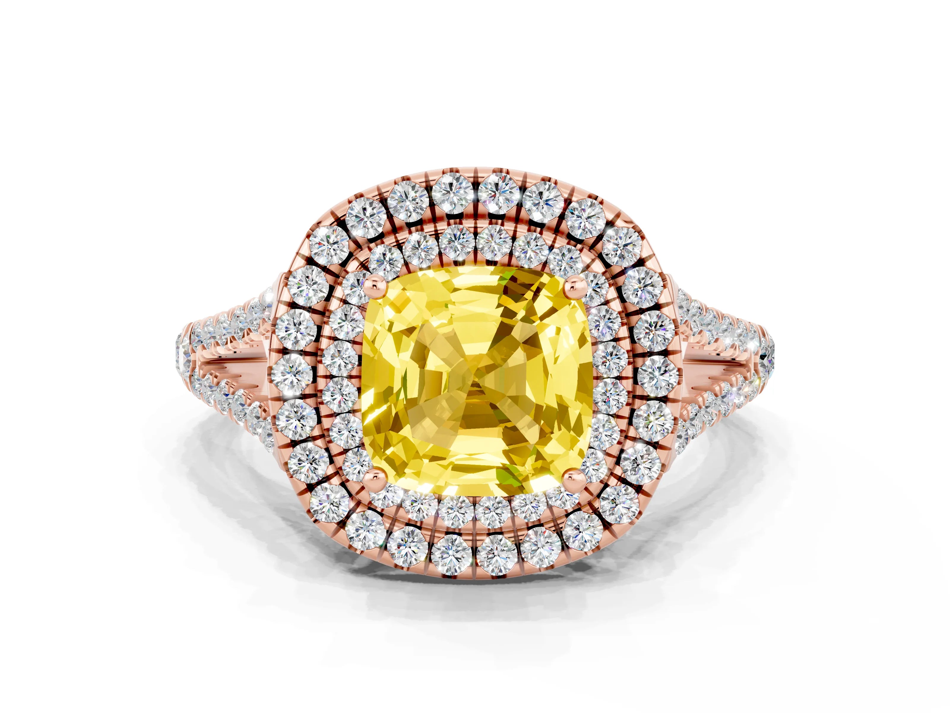 Rose gold Cushion Cut Yellow Sapphire Double Halo Ring with Pavé Band and Prong Setting_12