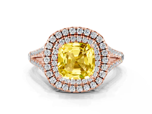 Rose gold Cushion Cut Yellow Sapphire Double Halo Ring with Pavé Band and Prong Setting