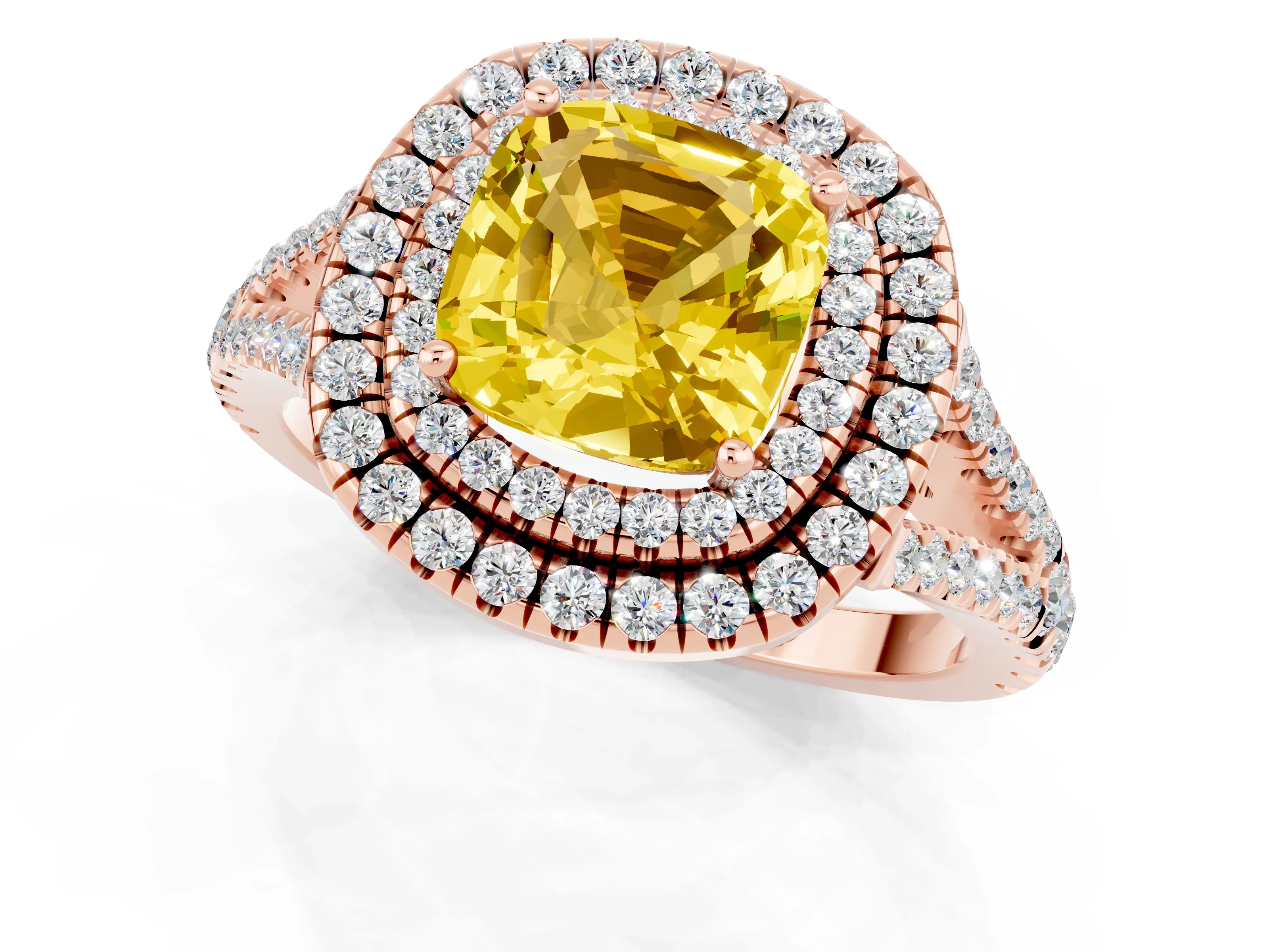 Rose gold Cushion Cut Yellow Sapphire Double Halo Ring with Pavé Band and Prong Setting_13