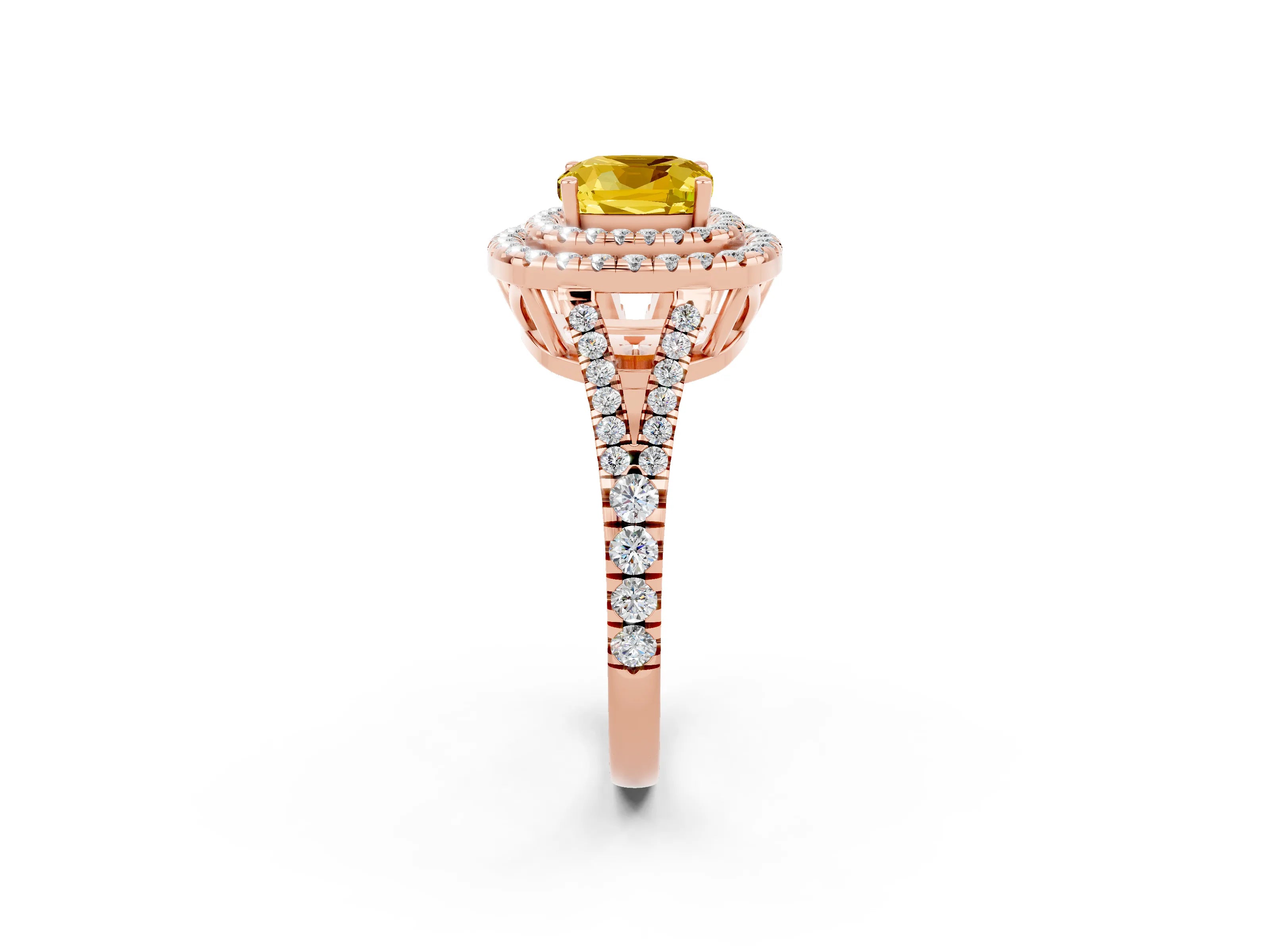 Rose gold Cushion Cut Yellow Sapphire Double Halo Ring with Pavé Band and Prong Setting_14