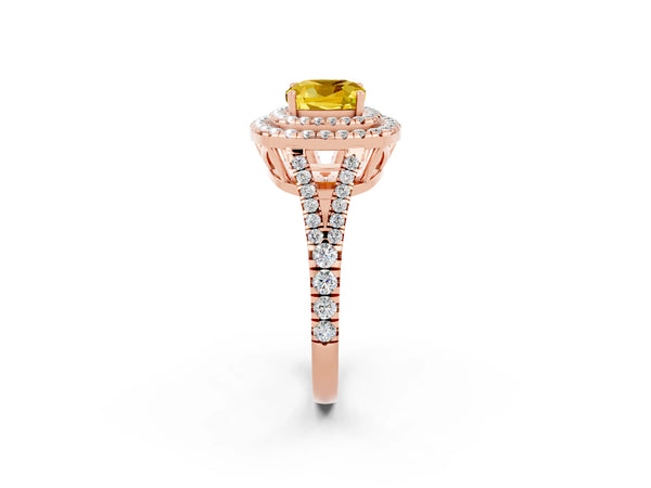 Rose gold Cushion Cut Yellow Sapphire Double Halo Ring with Pavé Band and Prong Setting