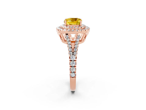 Rose gold Cushion Cut Yellow Sapphire Double Halo Ring with Pavé Band and Prong Setting_14