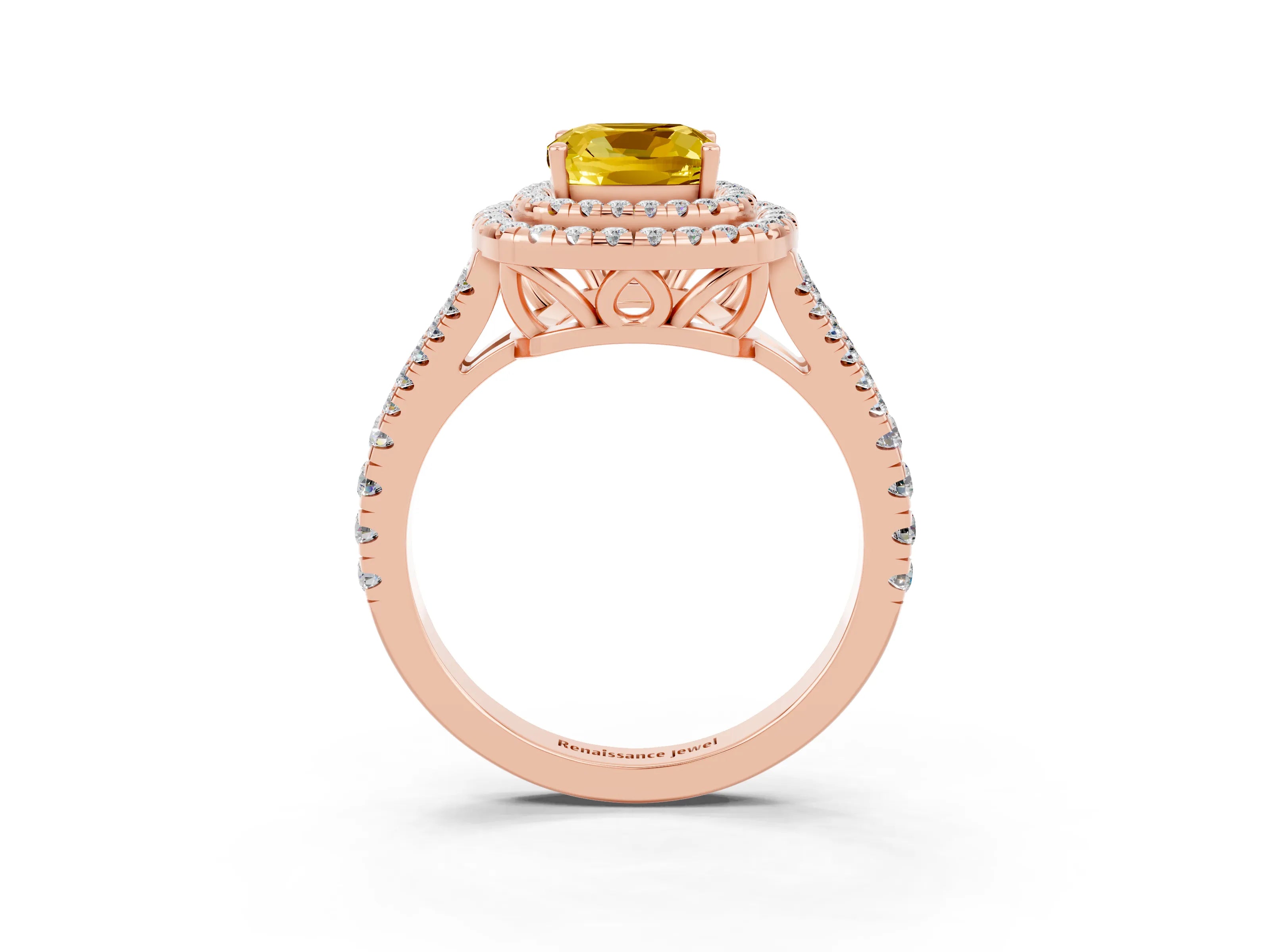 Rose gold Cushion Cut Yellow Sapphire Double Halo Ring with Pavé Band and Prong Setting_15