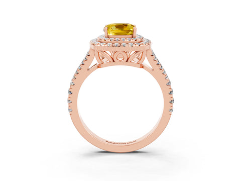 Rose gold Cushion Cut Yellow Sapphire Double Halo Ring with Pavé Band and Prong Setting_15