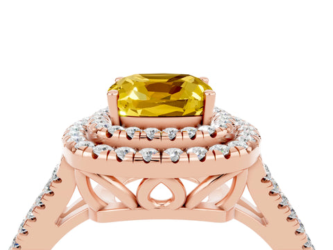 Rose gold Cushion Cut Yellow Sapphire Double Halo Ring with Pavé Band and Prong Setting_16