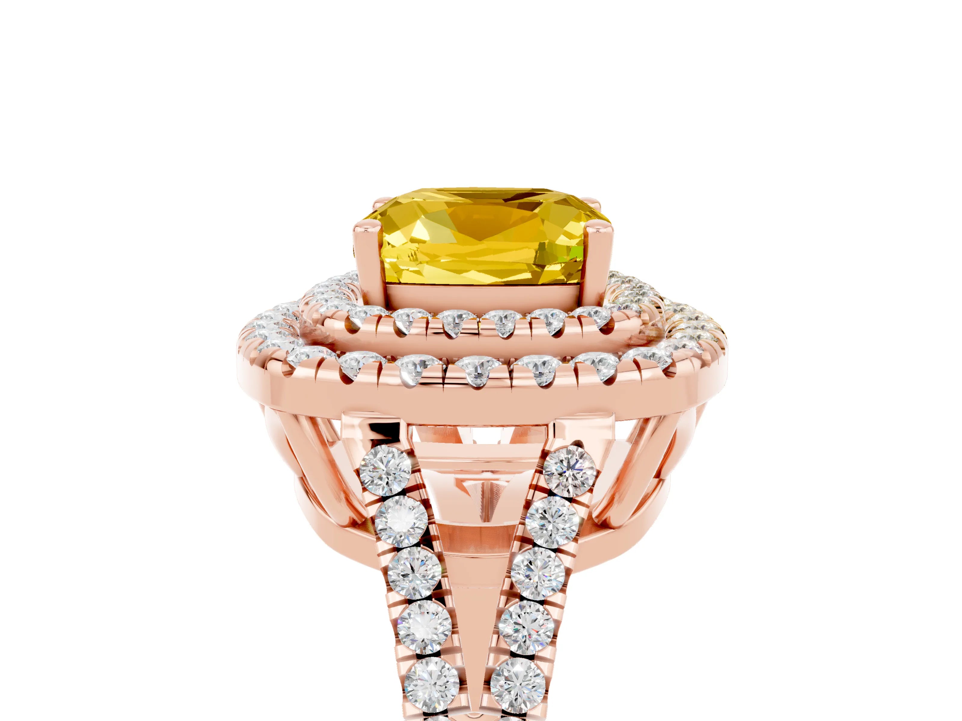 Rose gold Cushion Cut Yellow Sapphire Double Halo Ring with Pavé Band and Prong Setting_17