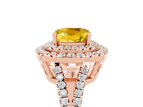 Rose gold Cushion Cut Yellow Sapphire Double Halo Ring with Pavé Band and Prong Setting_17