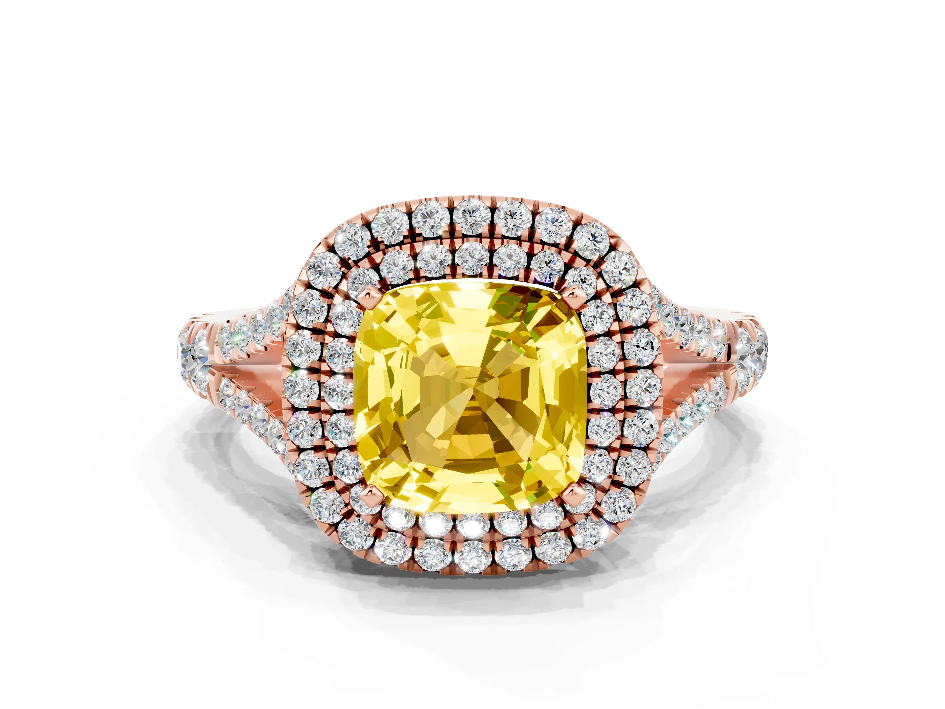 Rose gold Cushion Cut Yellow Sapphire Double Halo Ring with Split Shank and Prong Setting_12