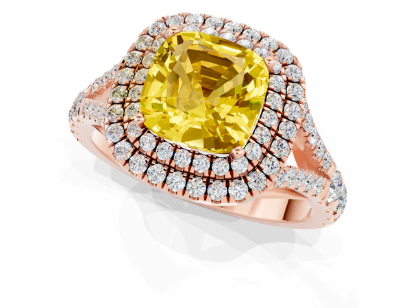 Rose gold Cushion Cut Yellow Sapphire Double Halo Ring with Split Shank and Prong Setting