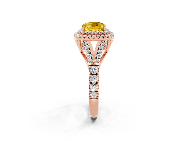 Rose gold Cushion Cut Yellow Sapphire Double Halo Ring with Split Shank and Prong Setting