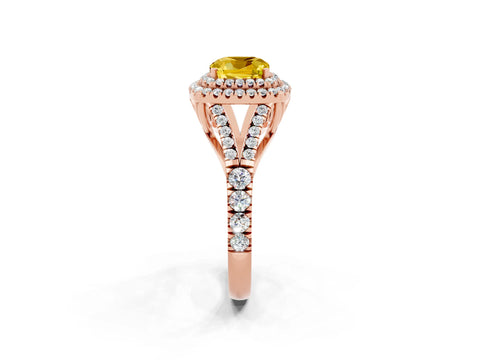 Rose gold Cushion Cut Yellow Sapphire Double Halo Ring with Split Shank and Prong Setting_14