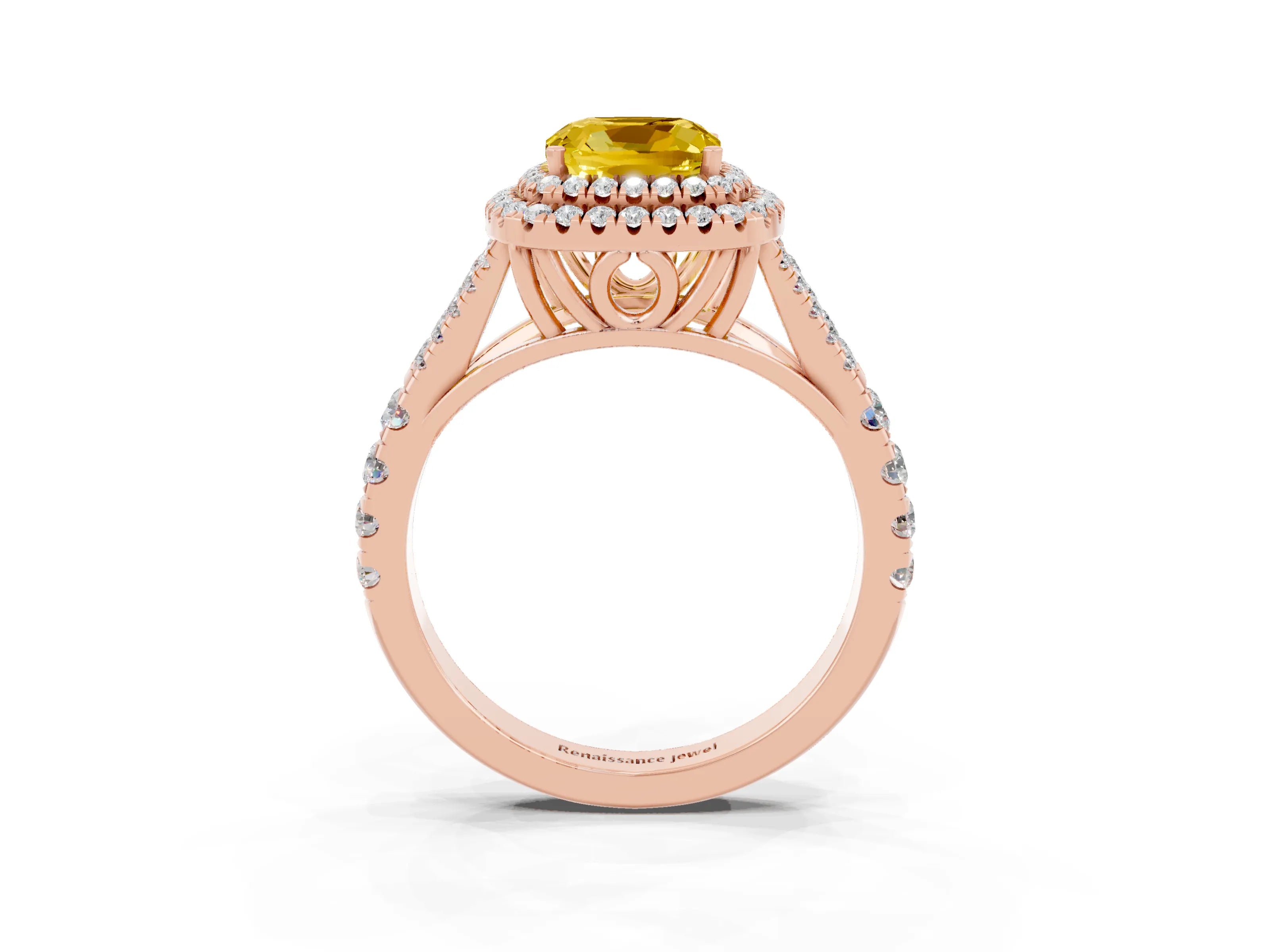 Rose gold Cushion Cut Yellow Sapphire Double Halo Ring with Split Shank and Prong Setting_15