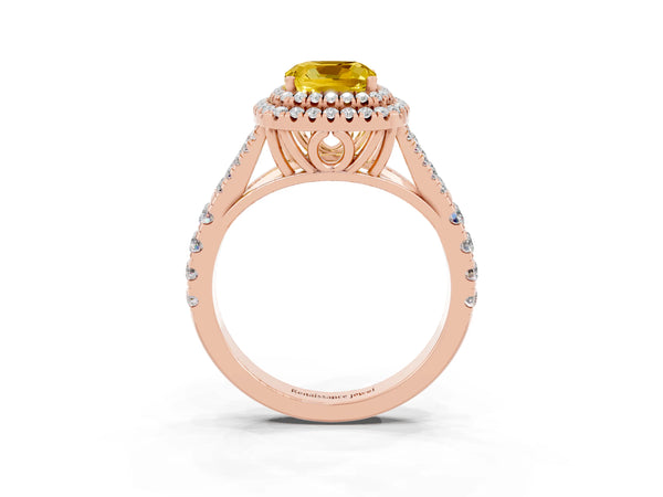 Rose gold Cushion Cut Yellow Sapphire Double Halo Ring with Split Shank and Prong Setting