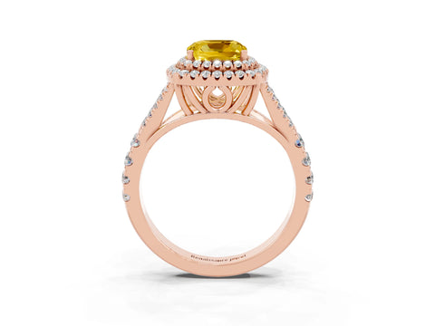 Rose gold Cushion Cut Yellow Sapphire Double Halo Ring with Split Shank and Prong Setting_15