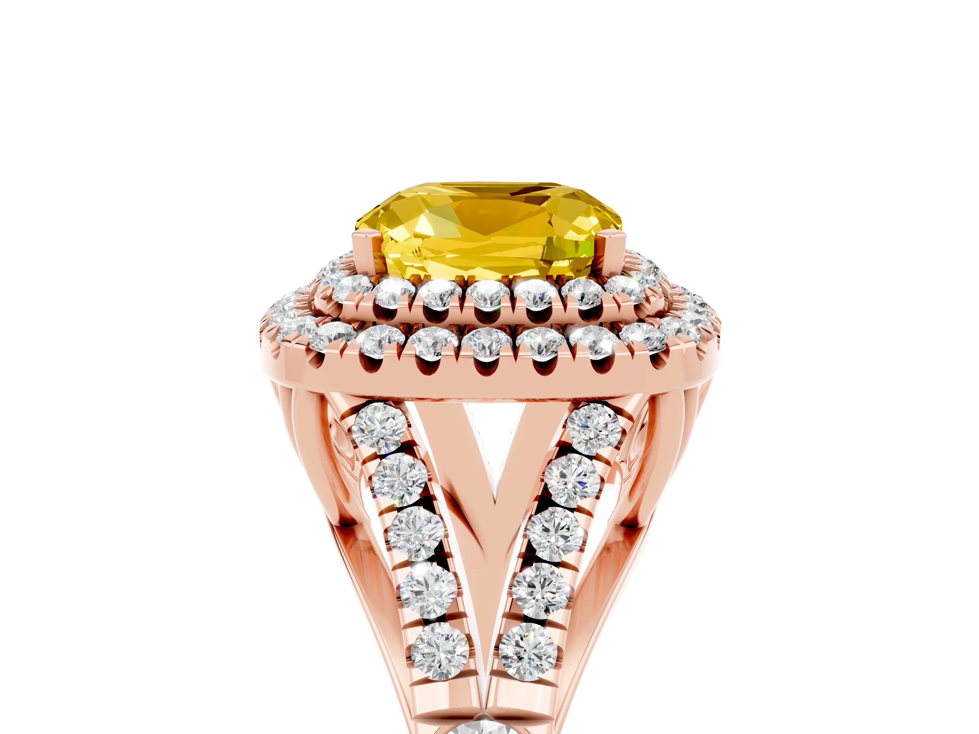 Rose gold Cushion Cut Yellow Sapphire Double Halo Ring with Split Shank and Prong Setting_17