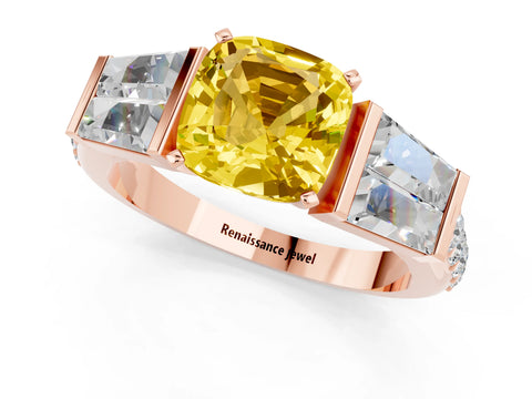 Rose gold Cushion Cut Yellow Sapphire Engagement Ring with Baguette Side Stones and Channel Set Band_1