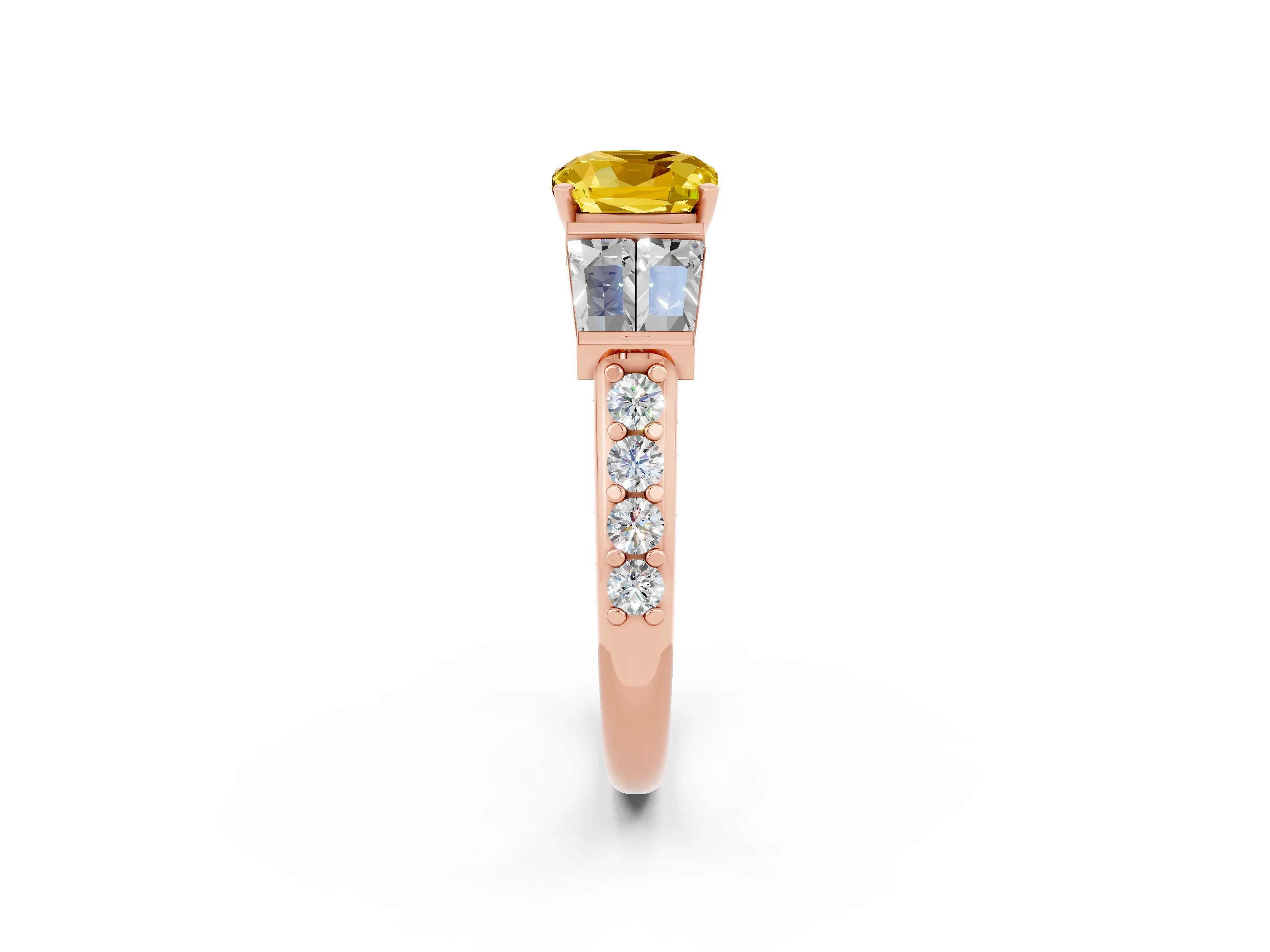 Rose gold Cushion Cut Yellow Sapphire Engagement Ring with Baguette Side Stones and Channel Set Band_2