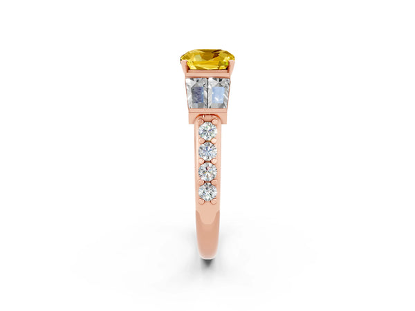 Rose gold Cushion Cut Yellow Sapphire Engagement Ring with Baguette Side Stones and Channel Set Band