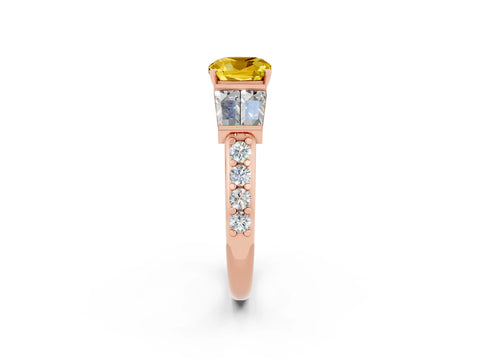 Rose gold Cushion Cut Yellow Sapphire Engagement Ring with Baguette Side Stones and Channel Set Band_2