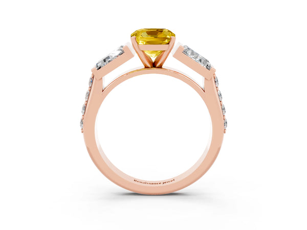 Rose gold Cushion Cut Yellow Sapphire Engagement Ring with Baguette Side Stones and Channel Set Band