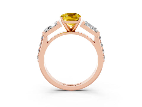 Rose gold Cushion Cut Yellow Sapphire Engagement Ring with Baguette Side Stones and Channel Set Band_3