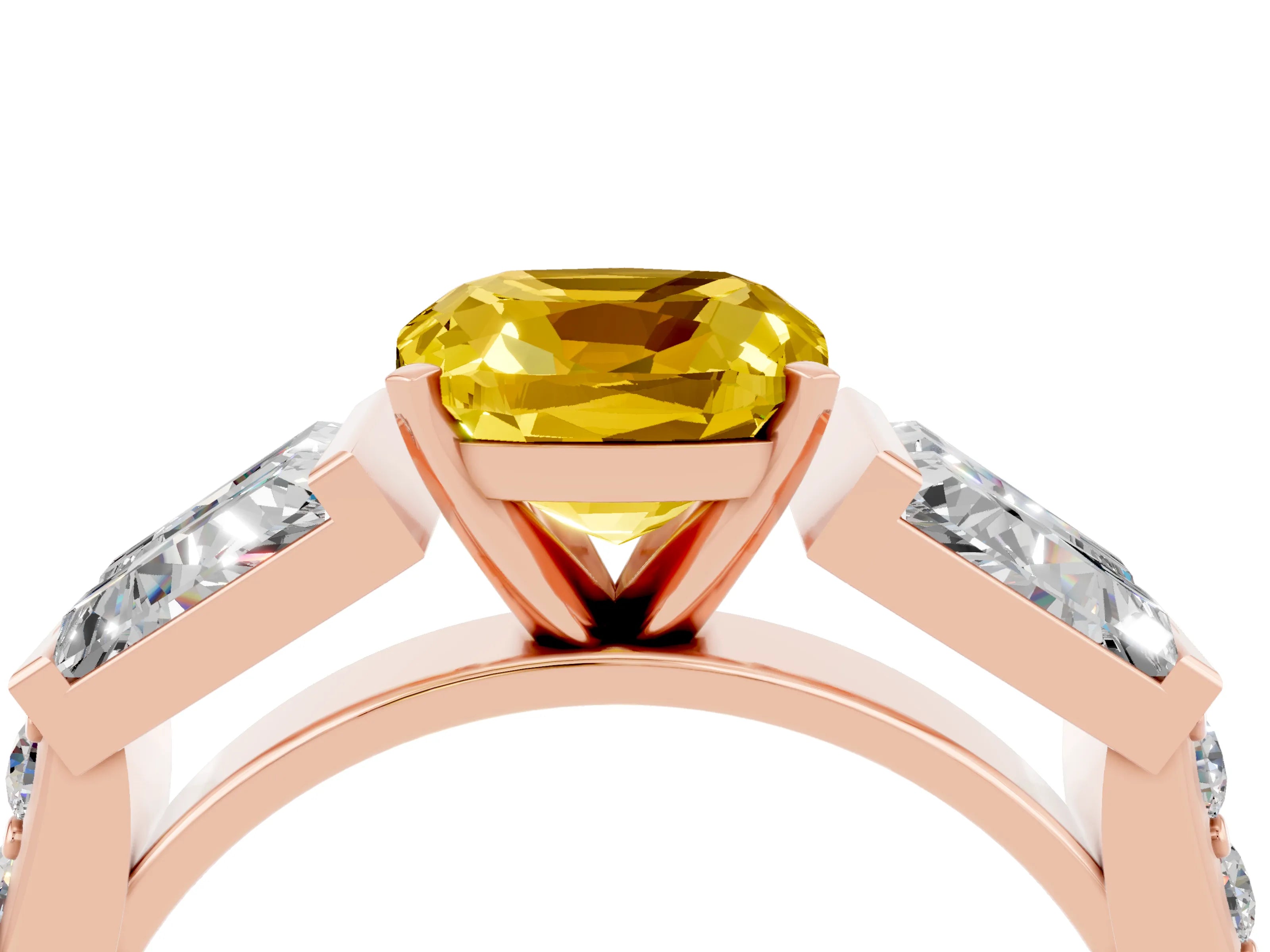 Rose gold Cushion Cut Yellow Sapphire Engagement Ring with Baguette Side Stones and Channel Set Band_4