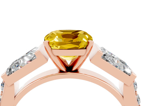 Rose gold Cushion Cut Yellow Sapphire Engagement Ring with Baguette Side Stones and Channel Set Band_4