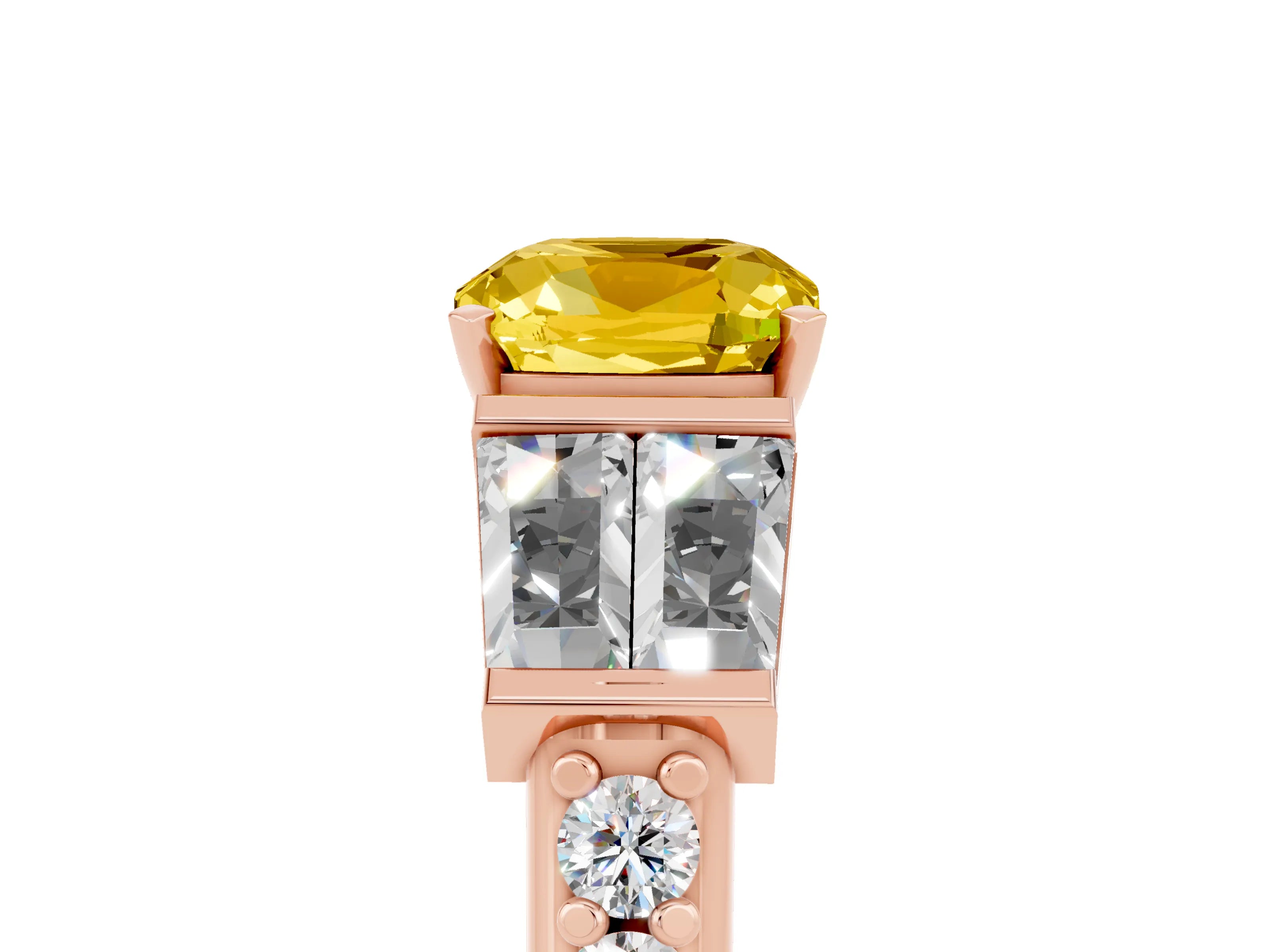 Rose gold Cushion Cut Yellow Sapphire Engagement Ring with Baguette Side Stones and Channel Set Band_5