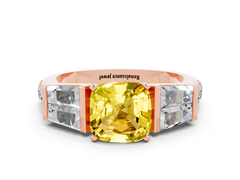 Rose gold Cushion Cut Yellow Sapphire Engagement Ring with Baguette Side Stones and Channel Set Band