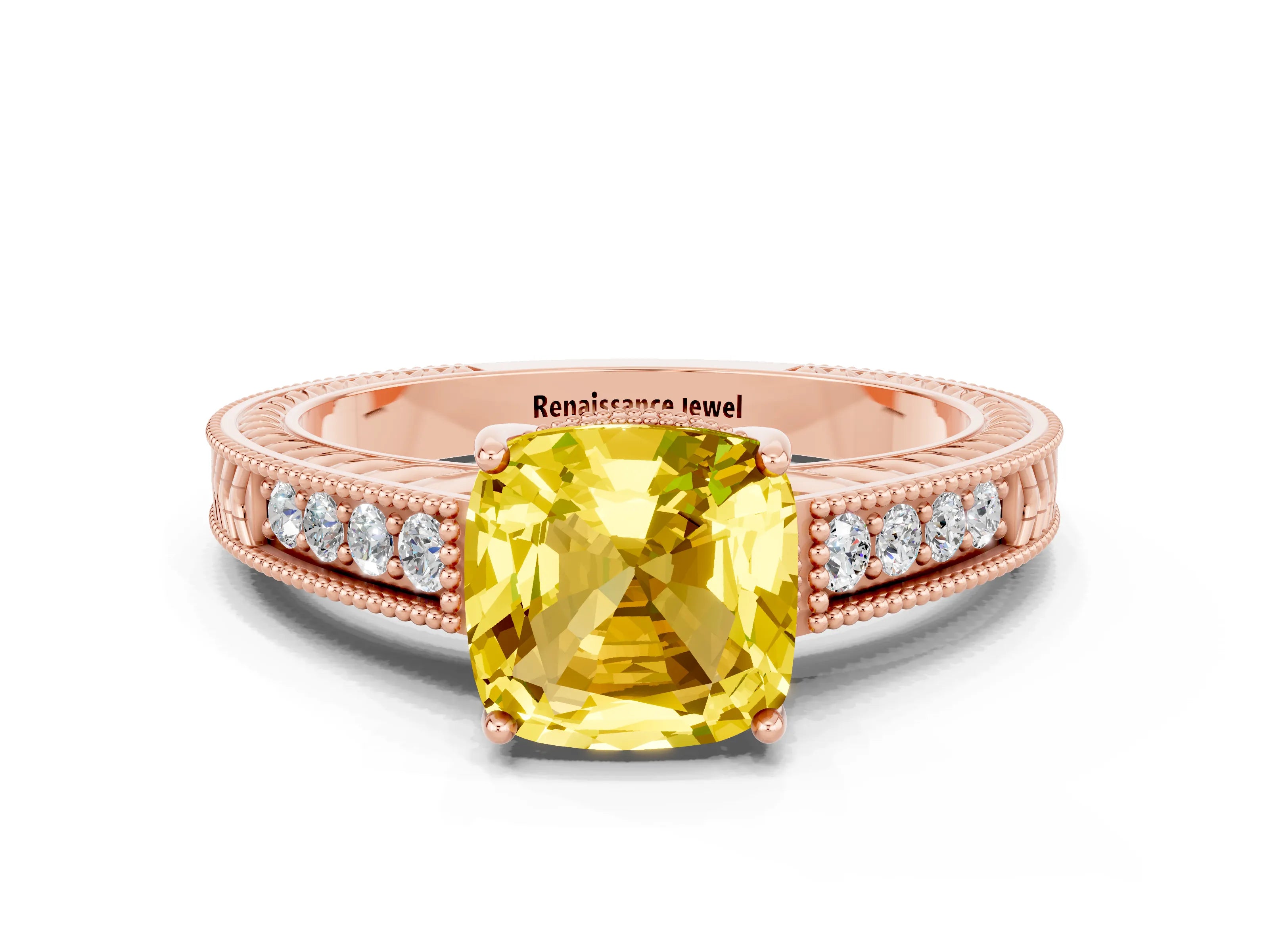 Rose gold Cushion Cut Yellow Sapphire Engagement Ring with Milgrain Channel Set Band and Prong Setting_24