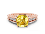 Rose gold Cushion Cut Yellow Sapphire Engagement Ring with Milgrain Channel Set Band and Prong Setting_24