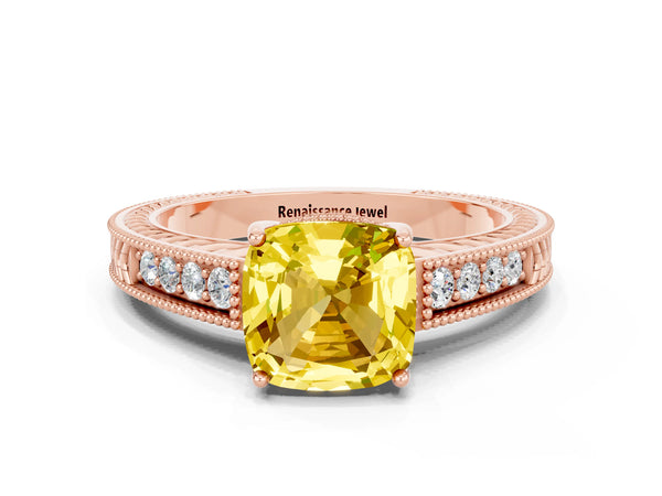 Rose gold Cushion Cut Yellow Sapphire Engagement Ring with Milgrain Channel Set Band and Prong Setting