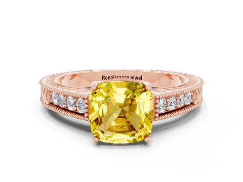Rose gold Cushion Cut Yellow Sapphire Engagement Ring with Milgrain Channel Set Band and Prong Setting_24