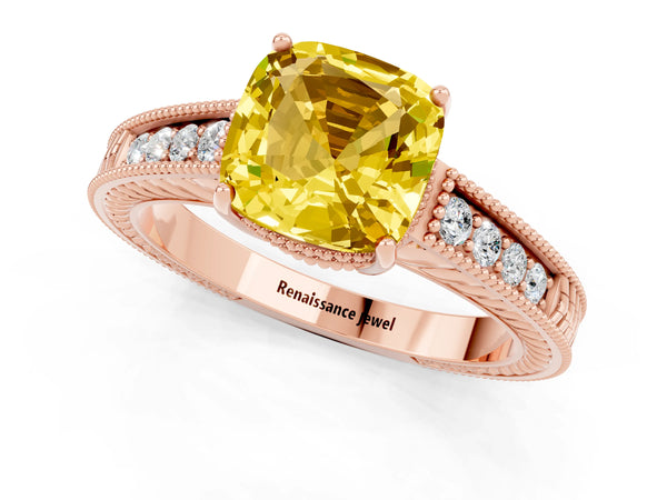 Rose gold Cushion Cut Yellow Sapphire Engagement Ring with Milgrain Channel Set Band and Prong Setting