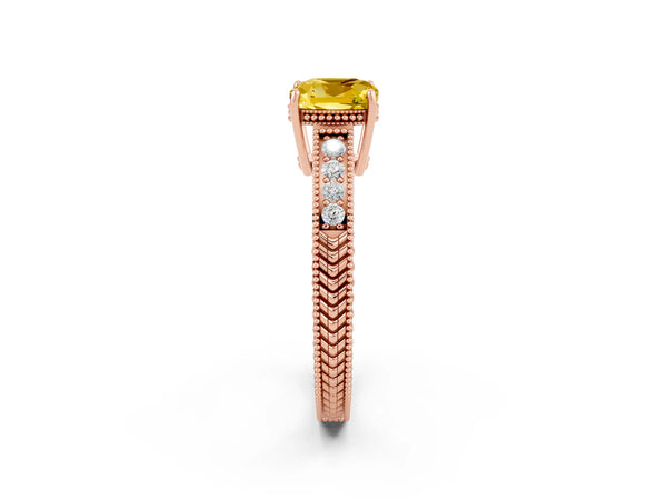 Rose gold Cushion Cut Yellow Sapphire Engagement Ring with Milgrain Channel Set Band and Prong Setting