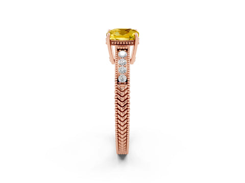 Rose gold Cushion Cut Yellow Sapphire Engagement Ring with Milgrain Channel Set Band and Prong Setting_26