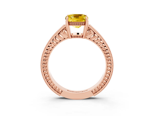 Rose gold Cushion Cut Yellow Sapphire Engagement Ring with Milgrain Channel Set Band and Prong Setting