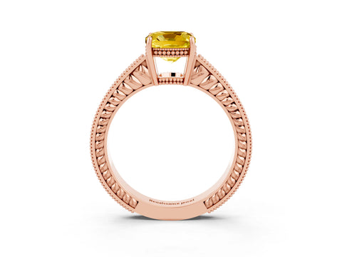 Rose gold Cushion Cut Yellow Sapphire Engagement Ring with Milgrain Channel Set Band and Prong Setting_27