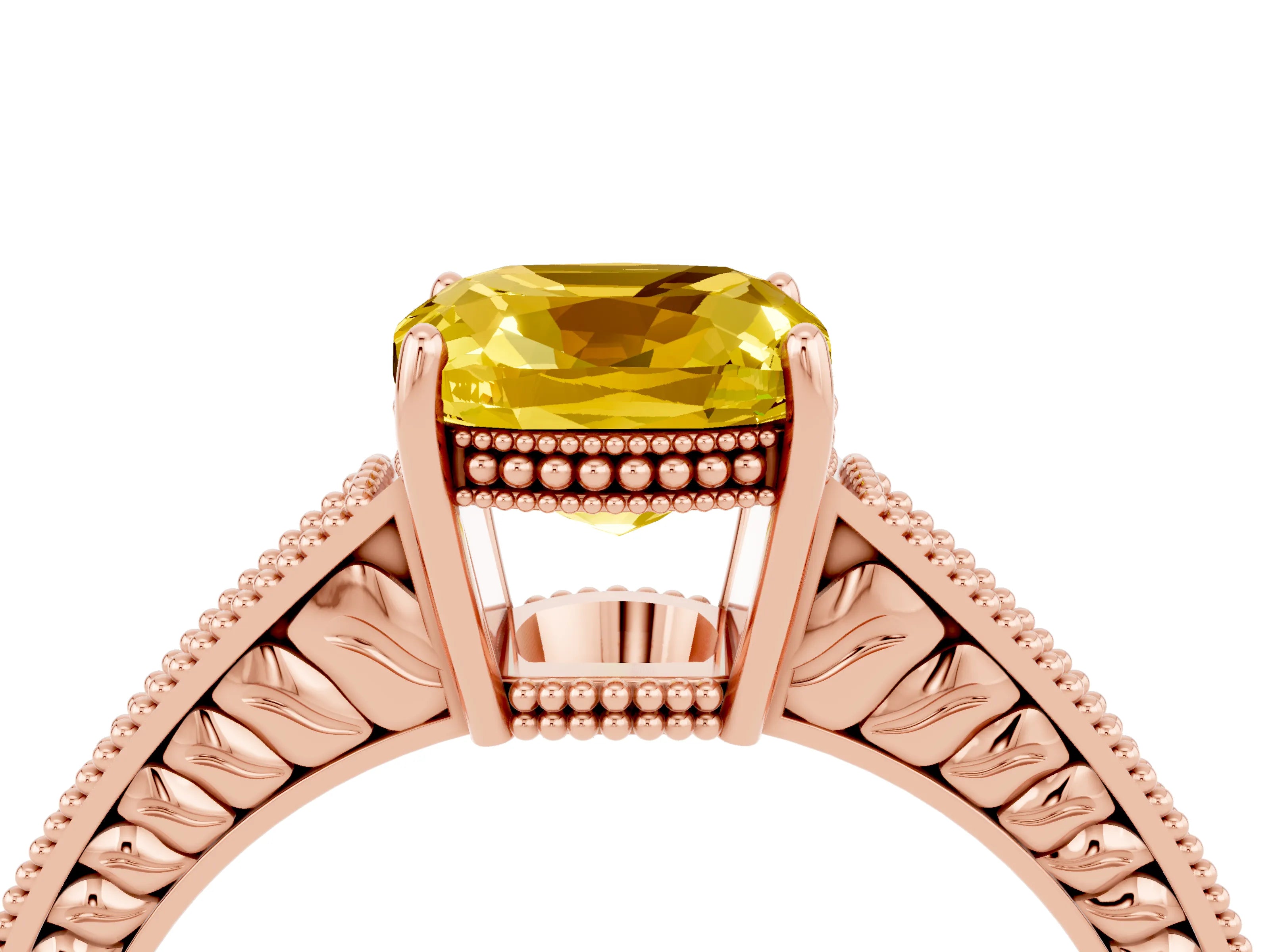 Rose gold Cushion Cut Yellow Sapphire Engagement Ring with Milgrain Channel Set Band and Prong Setting_28