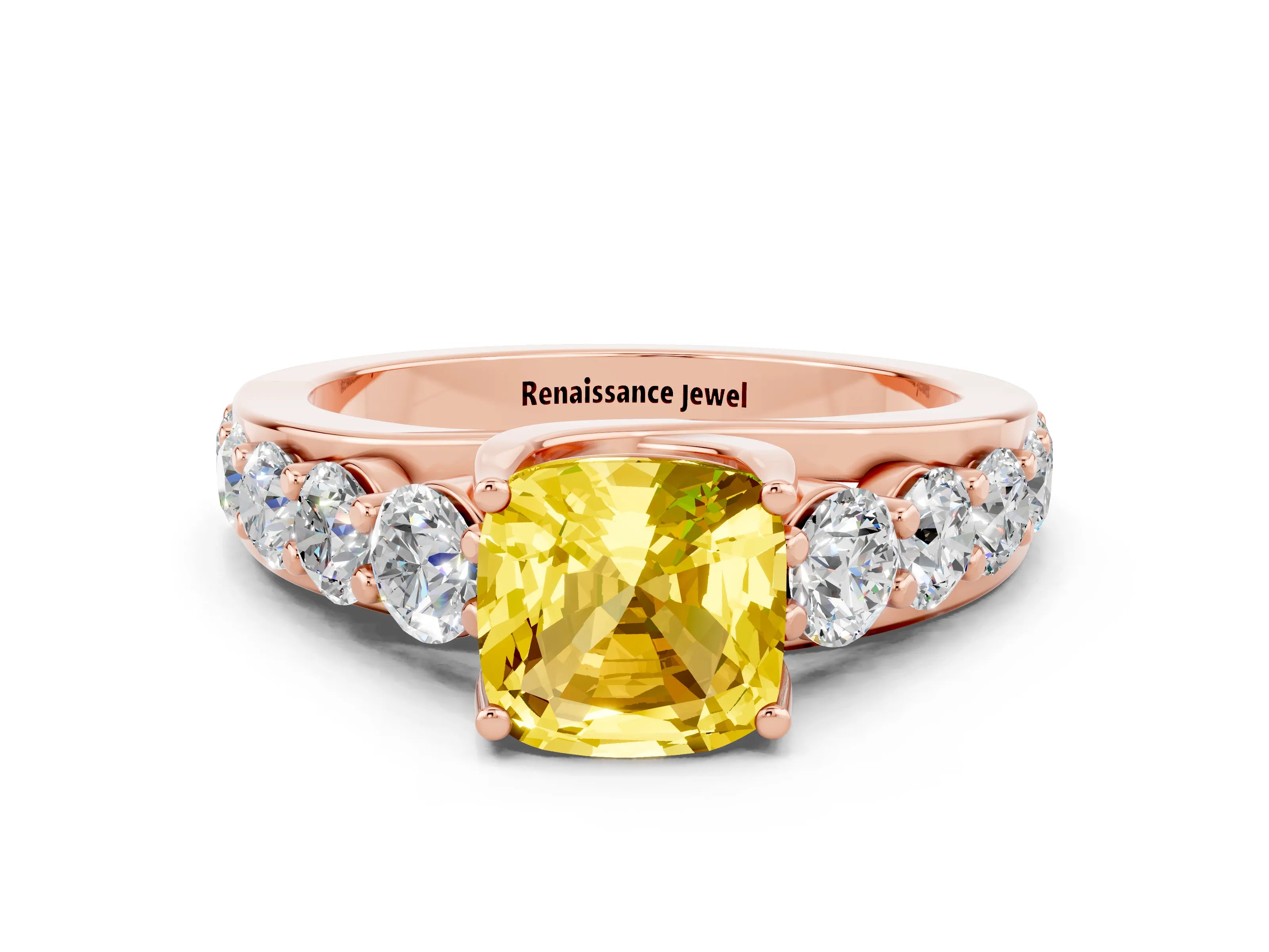 Rose gold Cushion Cut Yellow Sapphire Engagement Ring with Pavé Band and Four-Prong Setting