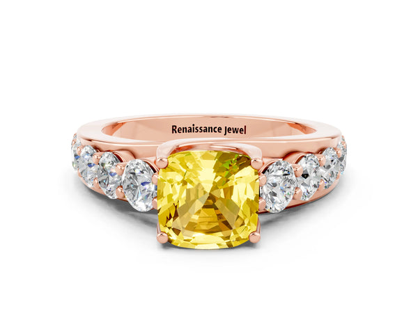 Rose gold Cushion Cut Yellow Sapphire Engagement Ring with Pavé Band and Four-Prong Setting