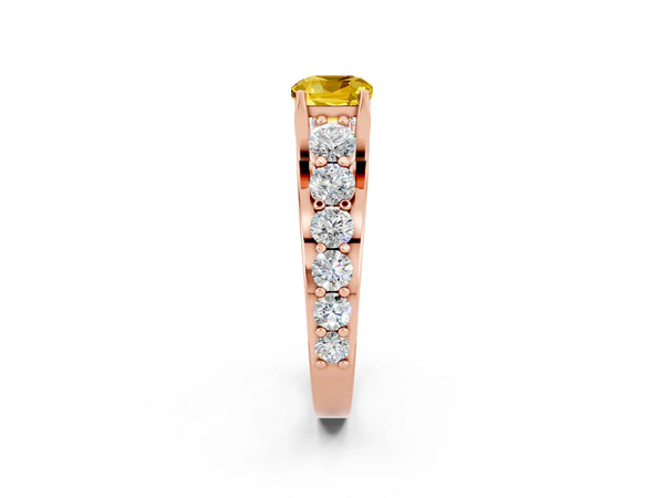 Rose gold Cushion Cut Yellow Sapphire Engagement Ring with Pavé Band and Four-Prong Setting