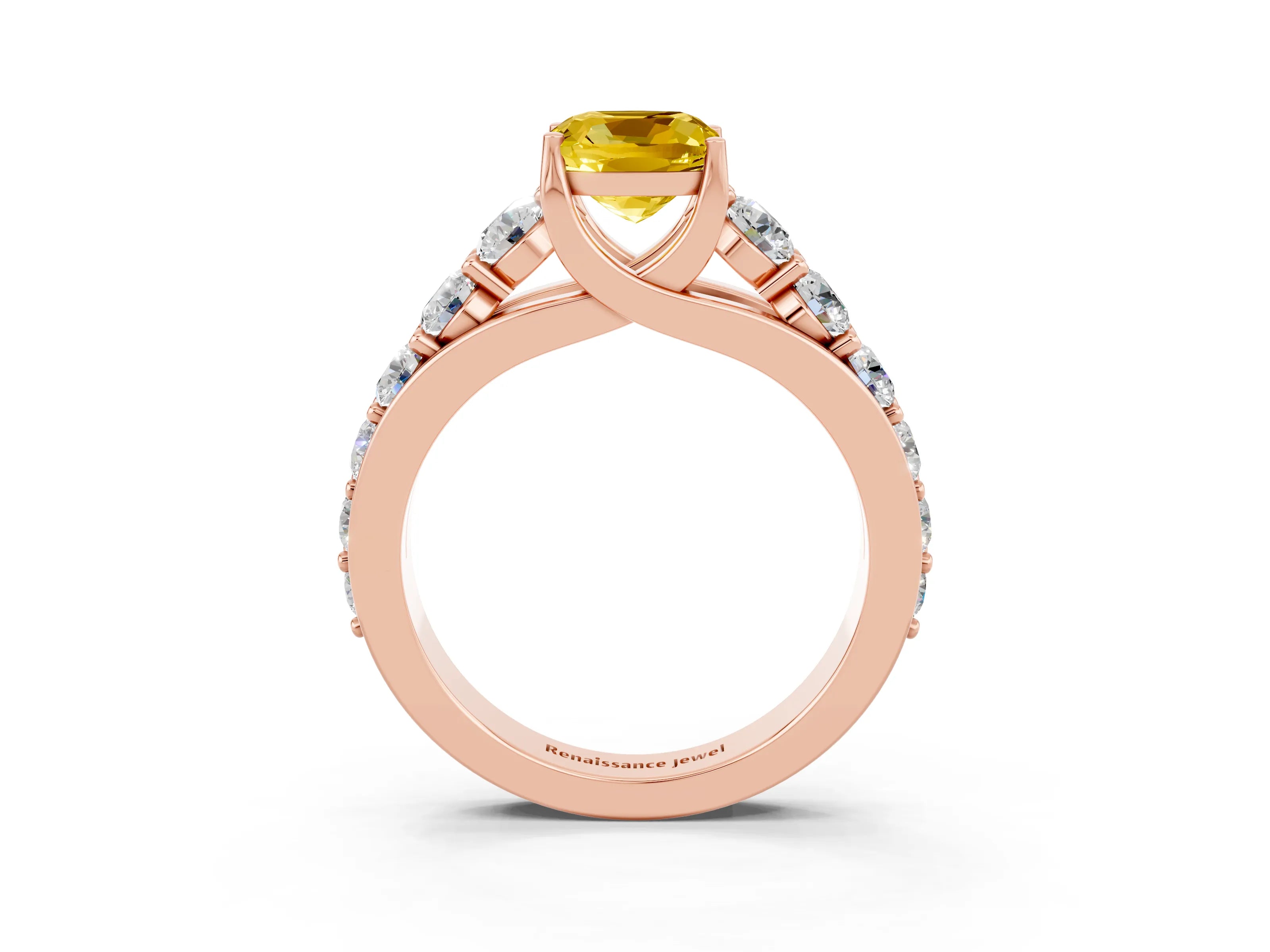 Rose gold Cushion Cut Yellow Sapphire Engagement Ring with Pavé Band and Four-Prong Setting_3