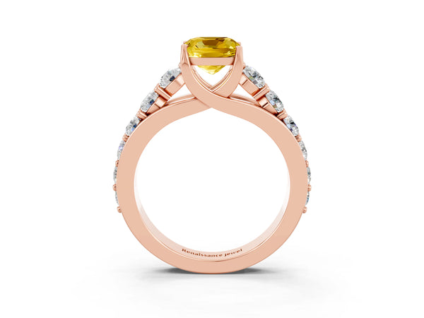 Rose gold Cushion Cut Yellow Sapphire Engagement Ring with Pavé Band and Four-Prong Setting