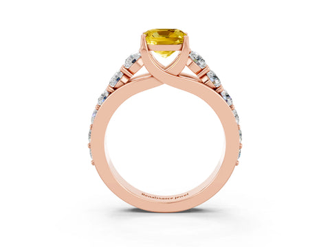 Rose gold Cushion Cut Yellow Sapphire Engagement Ring with Pavé Band and Four-Prong Setting_3