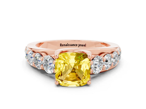 Rose gold Cushion Cut Yellow Sapphire Engagement Ring with Pavé Band and Four-Prong Setting