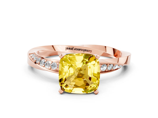 Rose gold Cushion Cut Yellow Sapphire Engagement Ring with Side Stone Accents and Four-Prong Setting